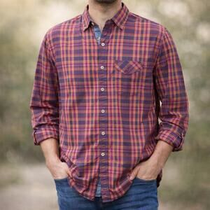 Tommy Bahama Jeans Men’s L Plaid Button Down Shirt Roll Tab Cotton